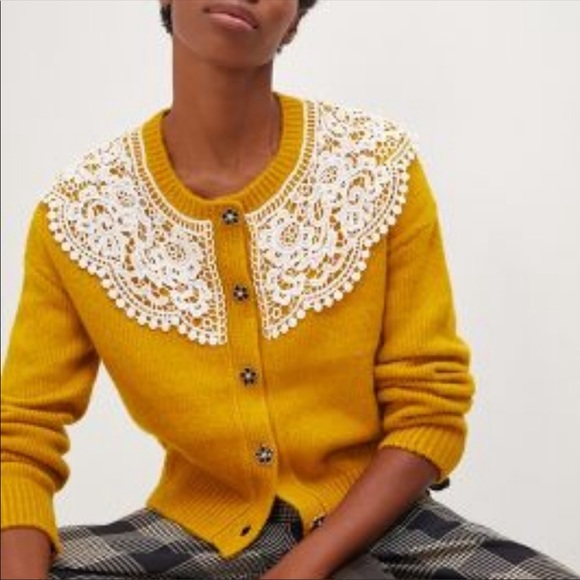 Anthropologie Sweaters | Anthropologie Maeve Mustard Yellow with Lace Collar Cardigan Sweater | Color: Gold/White | Size: Xs | Curated_Co's Closet